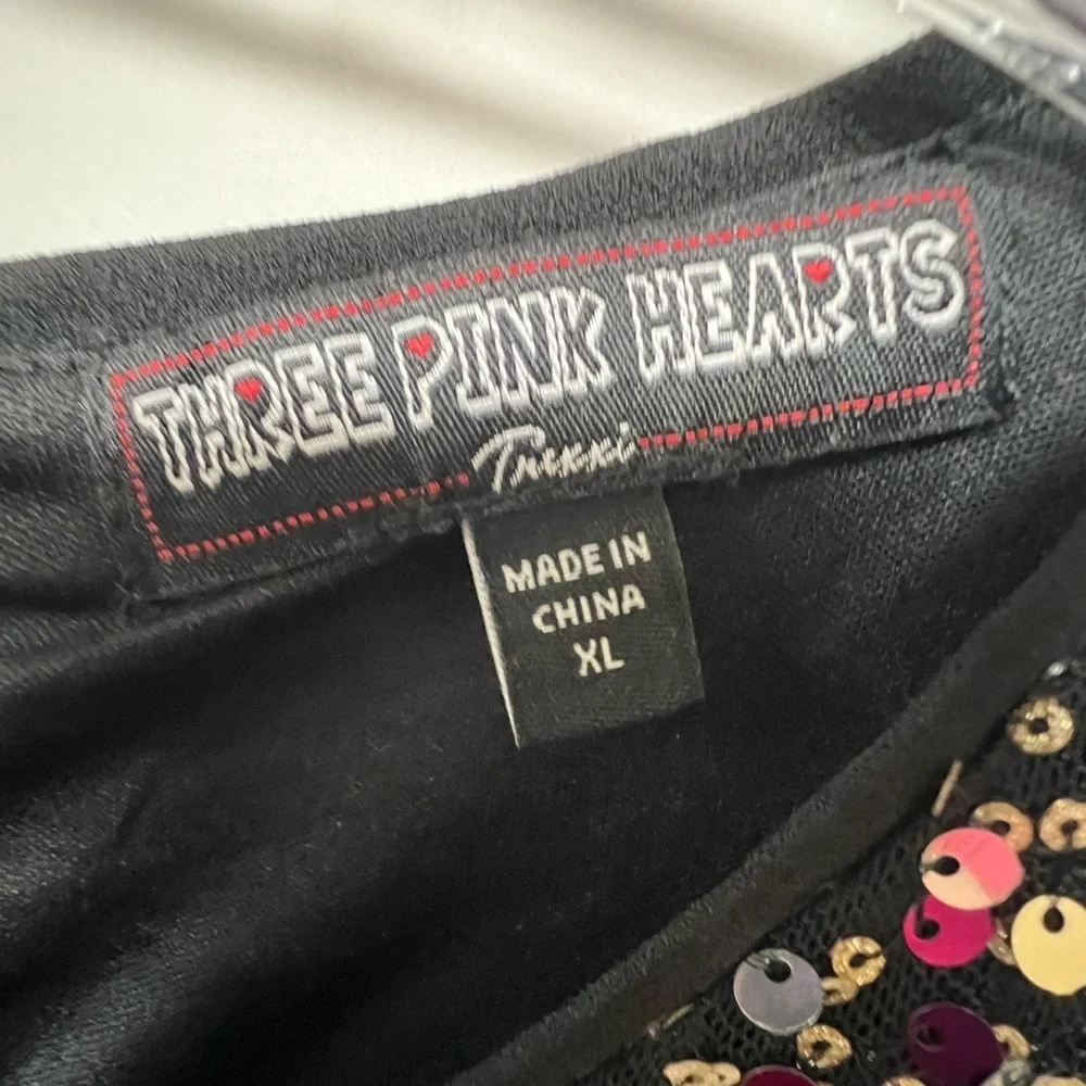 THREE PINK  HEARTS  BLACK W/MULTI-COLORED SEQUINS HOLIDAY OR PARTY DRESS.  XL